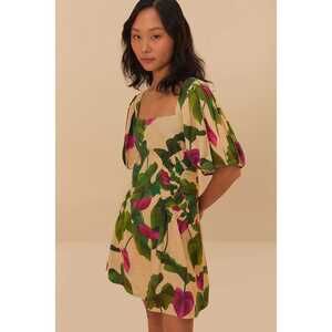 FARM Rio Cream Mini Dress with Green Leaves and Pink Floral Print